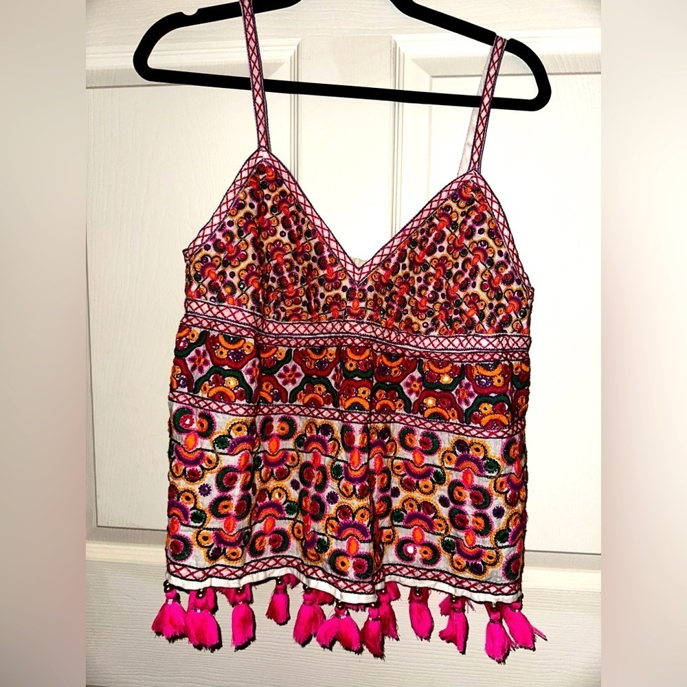 Calypso St. Barth women’s neon embroidered tassle linen top L bohemian beach